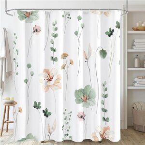 Watercolor Floral Shower Curtain, Sage Green Beige Flower Shower Curtain